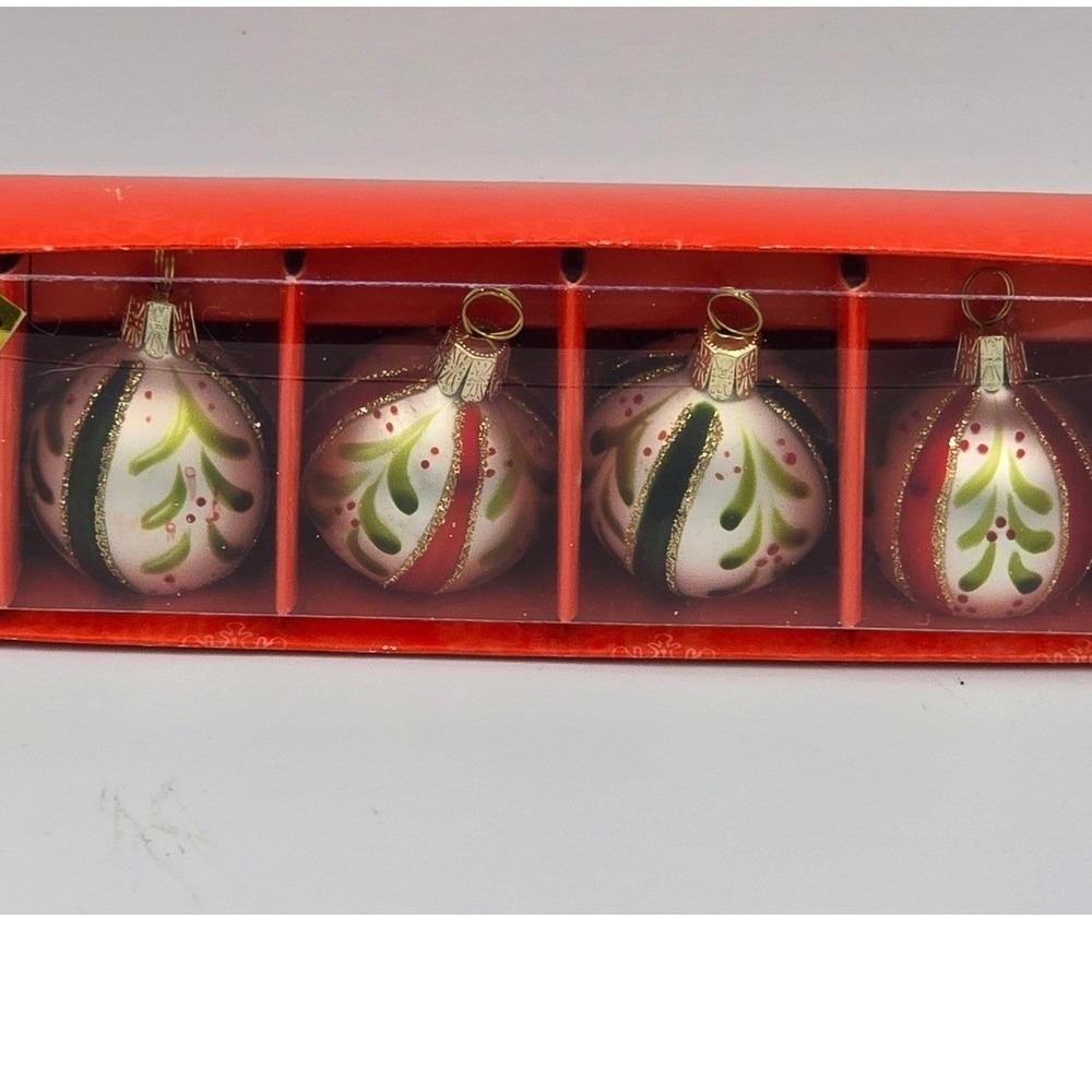 Vtg Christmas Glass Ornament Place Card Holders, Red Green Glitter Bauble Set
